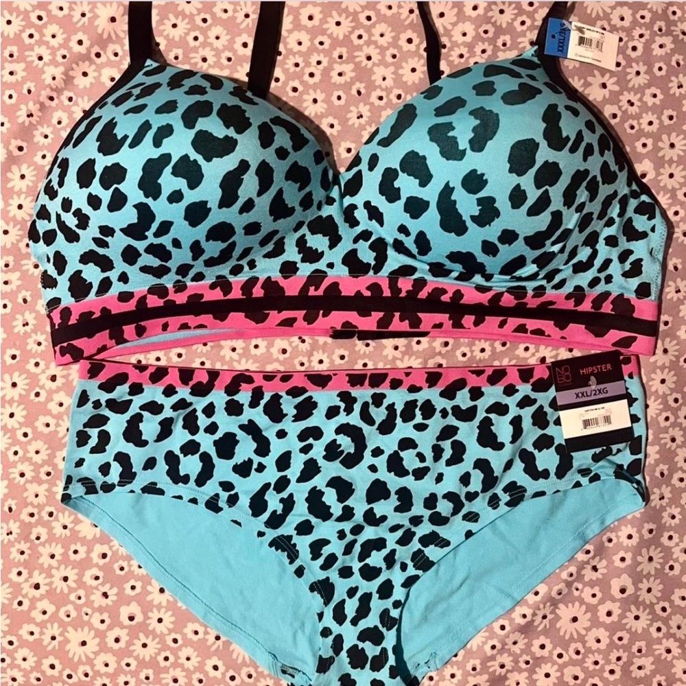 New Plus Size Blue Leopard Print Bra and Panty Set